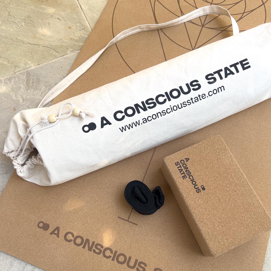 ACS Natural Cork Yoga mat, white natural canvas bag and cork block - A Conscious State